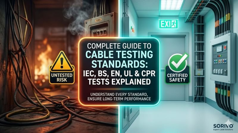 Cable testing standards guide covering IEC 60332 flame test, BS 6387 fire resistance, IEC 60754 halogen test, and CPR classification